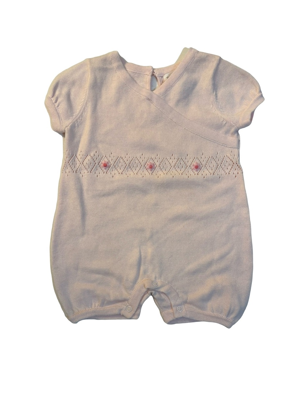 Angel Dear Light Pink Knit Baby Romper with Embroidered Trim